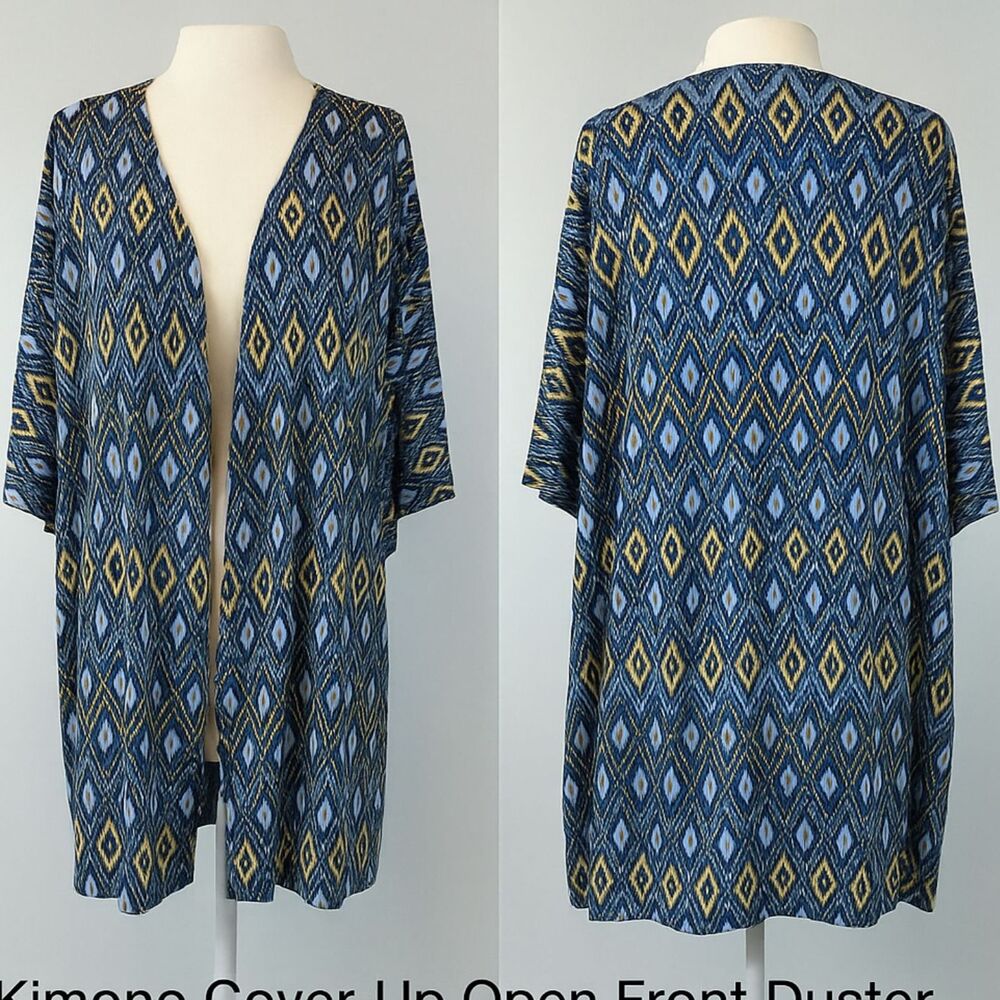 LuLaRoe Lindsay Kimono Duster Open Front Blue Yellow Tribal Print Sz S